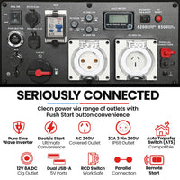 GENPOWER 8.5kW Peak 8.2kW Inverter Generator, Push Button & Remote Start, ATS Compatible, RCD, Portable w/ Wheels, 27L Fuel Tank, Grid Power Home Backup