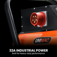 UNIMAC 15kW Portable Industrial Electric Space Fan Heater, 32A 3 Phase, Wheel Mounted, Adjustable Thermostat, High Power for Workshop and Warehouse Use
