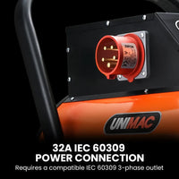 UNIMAC 15kW Portable Industrial Electric Space Fan Heater, 32A 3 Phase, Wheel Mounted, Adjustable Thermostat, High Power for Workshop and Warehouse Use