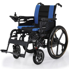 EQUIPMED Electric Wheelchair Folding, Long Range, Airline Approved, Lithium Battery, 24" Light Rear Wheels, Matte Black/Blue