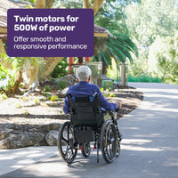 EQUIPMED Electric Wheelchair Folding, Long Range, Airline Approved, Lithium Battery, 24" Light Rear Wheels, Matte Black/Blue