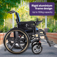 EQUIPMED Electric Wheelchair Folding, Long Range, Airline Approved, Lithium Battery, 24" Light Rear Wheels, Matte Black/Blue