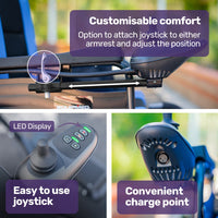 EQUIPMED Electric Wheelchair Folding, Long Range, Airline Approved, Lithium Battery, 24" Light Rear Wheels, Matte Black/Blue