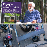 EQUIPMED Electric Wheelchair Folding, Long Range, Airline Approved, Lithium Battery, 24" Light Rear Wheels, Matte Black/Blue