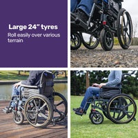 EQUIPMED Electric Wheelchair Folding, Long Range, Folding, Lithium Battery, 24" Light Rear Wheels, Matte Black/Blue