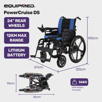 EQUIPMED Electric Wheelchair Folding, Long Range, Airline Approved, Lithium Battery, 24" Light Rear Wheels, Matte Black/Blue