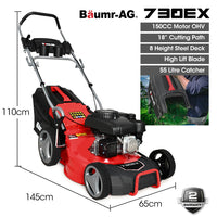 BAUMR-AG 18" 150cc Lawn Mower, 8 Heights, Steel Deck, Cup Holders, 4-Stroke Petrol Lawnmower - 730EX