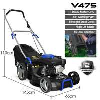 POWERBLADE 18" 150cc Lawn Mower, 8 Height, Steel Deck, 4-Stroke Petrol Lawnmower - V475