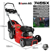 BAUMR-AG 18" 150cc Self Propelled Lawn Mower, 7 Height, Steel Deck, Cup Holders, 4-Stroke Petrol Lawnmower - 740SX