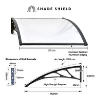 SHADE SHIELD 1x1m Aluminium Exterior Awning, Black DIY External UV Rain Protection Clear Polycarbonate Canopy Cover