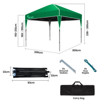 RED TRACK 3x3m Ultra Compact Folding Gazebo, Carry bag, Portable Outdoor Popup Marquee for Camping Beach, Green