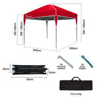 RED TRACK 3x3m Ultra Compact Folding Gazebo, Carry bag, Portable Outdoor Popup Marquee for Camping Beach, Red