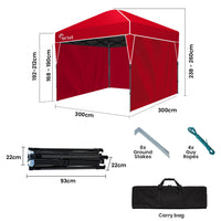 RED TRACK 3x3m Ultra Compact Folding Gazebo, Walls, Carry bag, Portable Outdoor Popup Marquee for Camping Beach, Red