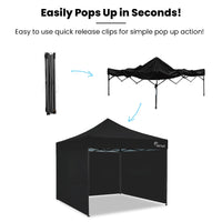 RED TRACK 3x3m Premium Pop Up Gazebo Marquee, Patented Steel Cable Canopy Support System, Wheeled Carry Bag, Side Walls, UV Block, Reinforced Frame, Black