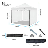 RED TRACK 3x3m Premium Pop Up Gazebo Marquee, Patented Steel Cable Canopy Support System, Wheeled Carry Bag, Side Walls, UV Block, Reinforced Frame, White