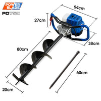 POWERBLADE PD750 52cc 2-Stroke Petrol Post Hole Digger, 200mm Auger w/ 600mm Extension Shaft