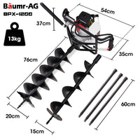 BAUMR-AG Petrol Post Hole Digger, Safety Brake, 150mm+200mm Double Helix Earth Auger Bits