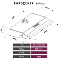 EUROCHEF 90cm Fixed Stainless Steel Rangehood, Quiet 3-Speed, 4-Layer Dishwashable Filters, Halogen Lights EFR90S