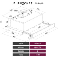 EUROCHEF 60cm Slideout Stainless Steel Rangehood, Quiet 2-Speed, 3-Layer Dishwashable Filters, Halogen Lights ESR60S