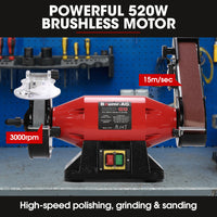 BAUMR-AG Bench Grinder Sander and Polisher Combo, 150mm Grinding Wheel, 50mm Linisher, 520W Brushless Motor, w/ Wire and Buffing Wheels