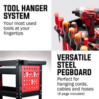 Bullet 3-Tier Steel Tool Trolley Cart, for Workshop, Mechanic, with Drawer, Pegboard, Screwdriver Bay, Black/Red