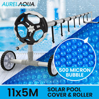 AURELAQUA Pool Cover Roller and 11x5m Solar Blanket 500 Micron, Blue