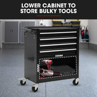 Bullet Pro 4 Drawer Tool Box Cabinet Trolley Storage, with 1-Door Toolbox Garage Organiser Set, Black