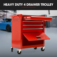 BULLET Pro 4 Drawer Tool Box Cabinet Trolley Storage, 1-Door Toolbox Garage Organiser Set, Red