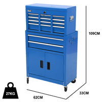 Bullet Pro 8 Drawer Tool Box Chest Cabinet Storage, with 2-Door Toolbox Garage Organiser Set, Blue