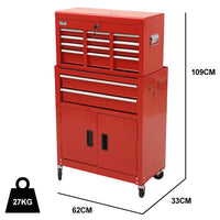 Bullet Pro 8 Drawer Tool Box Chest Cabinet Storage, with 2-Door Toolbox Garage Organiser Set, Red