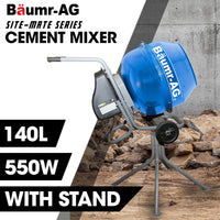 BAUMR-AG 140L Portable Cement Concrete Mixer with Pedestal Stand, 550W Electric Motor, 10 Inch Solid Rubber Wheels