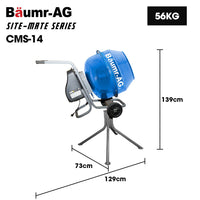 BAUMR-AG 140L Portable Cement Concrete Mixer with Pedestal Stand, 550W Electric Motor, 10 Inch Solid Rubber Wheels