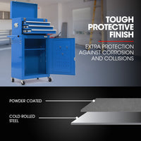 Bullet Pro 3 Drawer Tool Box Cabinet Trolley Storage, with 1-Door Toolbox Garage Organiser Set, Blue