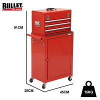 Bullet Pro 3 Drawer Tool Box Cabinet Trolley Storage, 1-Door Toolbox Garage Organiser Set, Red