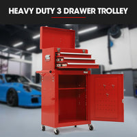 Bullet Pro 3 Drawer Tool Box Cabinet Trolley Storage, 1-Door Toolbox Garage Organiser Set, Red