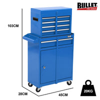 Bullet Pro 5 Drawer Tool Box Cabinet Chest Storage, with 1-Door Toolbox Garage Organiser Set, Blue