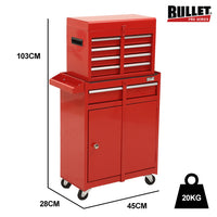 BULLET Pro 5 Drawer Tool Box Cabinet Chest Storage, with 1-Door Toolbox Garage Organiser Set, Red