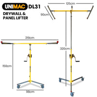 UNIMAC Drywall & Panel Lifter, 1200 x 3600 68kg Max Gyprock Sheet, Galvanised, No-mark Locking Castors