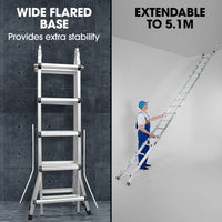 Bullet 5.1m Folding Aluminium Multipurpose Ladder, w/ Workshelf Platform, Spring Assisted Rapid Safety Lock Adjusters