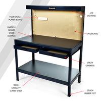 BAUMR-AG Steel Garage Workbench with LED Lights Pegboard Tool Storage Work Bench Workshop Table