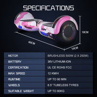 BULLET SX-2000 Hoverboard Scooter, 500W Brushless, Superior Self Balancing System, UL Certified, LED Lights, Pink Camo