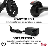 ALPHA Edge Electric Scooter, Kids & Teens, Adjustable Handlebars, 3 Speed Modes, Dual Foot E-Brake, Bluetooth Music, LED, Blue