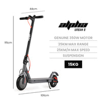 ALPHA Urban 8 Electric Scooter, Suspension, 25km Range, 8.5-Inch Wheels, Brushless Motor, Motorised Commuter eScooter for Adults, Grey