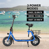VALK Electric Scooter with Seat, Disc brakes, 12" Tyres, Motorised eScooter for Adults Teens Commuter, Blue