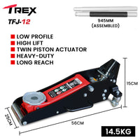 T-REX 1200KG Hydraulic Trolley Floor Jack, Low Profile, Dual Pump, Quick Release Handle, for Jacking Car