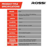 ROSSI 10pc 1.6mm x 150mm TIG Welding Tungsten Electrodes , for Copper Alloy, Nickel Alloy, Titanium Alloy, Stainless Steel