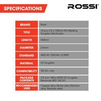 ROSSI 10pc 2.0mm x 150mm TIG Welding Tungsten Electrodes , for Copper Alloy, Nickel Alloy, Titanium Alloy, Stainless Steel