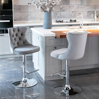 4x Height Adjustable Swivel Bar Stool Velvet Stud Barstool with Footrest and Chromed Base- Gray