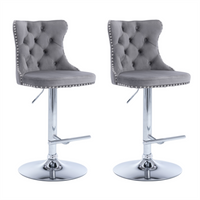 2x Height Adjustable Swivel Bar Stool Velvet Stud Barstool with Footrest and Chromed Base- Gray