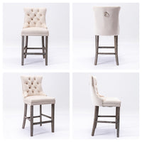 6X Velvet Bar Stools with Studs Trim Wooden Legs Tufted Dining Chairs Kitchen